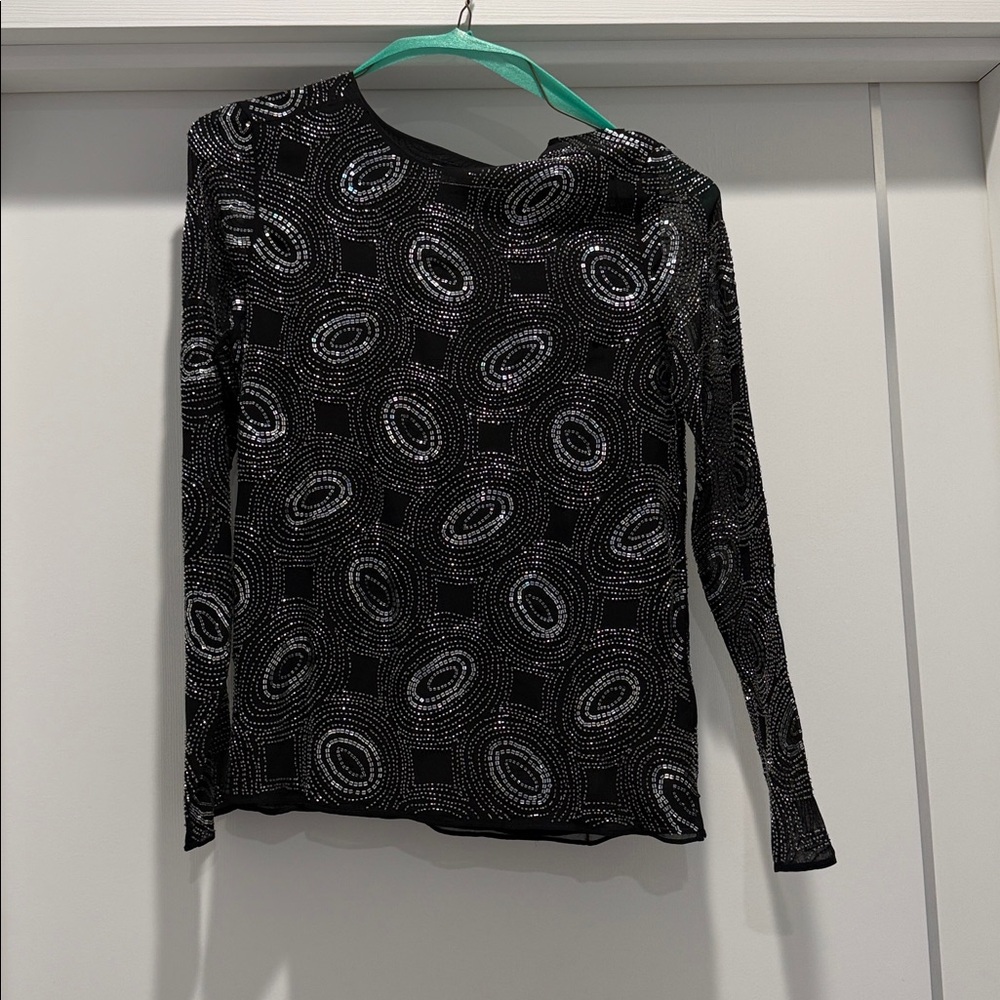 The Kooples Black Long Sleeve Beaded-Pattern Top